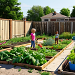 **

A community garden with diverse flowers and vegetables in a formerly abandoned lot, children playing, and adults talking.

**