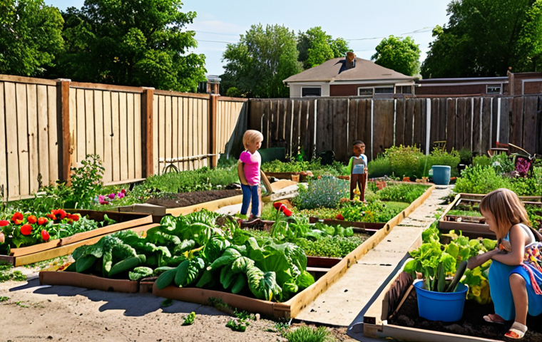 **

A community garden with diverse flowers and vegetables in a formerly abandoned lot, children playing, and adults talking.

**
