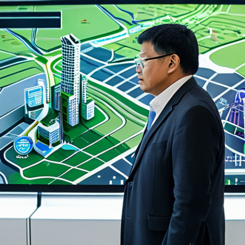 Home 6 A diverse group of community leaders, fully clothed in professional business attire, observing a large interactive digital display showcasing a futuristic city's resilience data. The display illustrates a digital twin of a city, with overlays of smart sensors, green energy flow, and intelligent traffic management systems, set in a clean, modern urban planning center with subtle futuristic elements. Natural pose, perfect anatomy, correct proportions, well-formed hands, proper finger count, natural body proportions, professional photography, high quality, safe for work, appropriate content, fully clothed, professional, family-friendly.