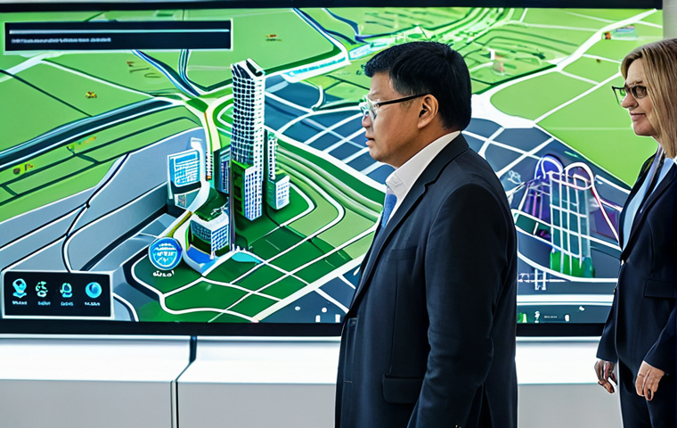 A diverse group of community leaders, fully clothed in professional business attire, observing a large interactive digital display showcasing a futuristic city's resilience data. The display illustrates a digital twin of a city, with overlays of smart sensors, green energy flow, and intelligent traffic management systems, set in a clean, modern urban planning center with subtle futuristic elements. Natural pose, perfect anatomy, correct proportions, well-formed hands, proper finger count, natural body proportions, professional photography, high quality, safe for work, appropriate content, fully clothed, professional, family-friendly.